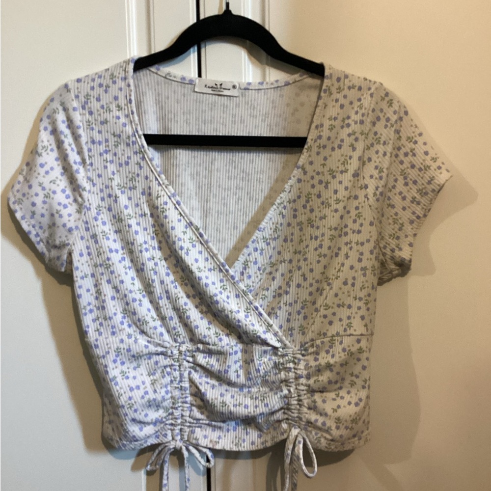 White and Blue Short Sleeve Wrap Crop Blouse